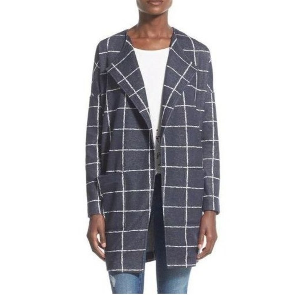 ASTR Windowpane Plaid Oversized Blue Long Blazer Sweater Jacket P2416